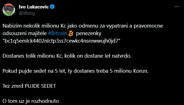 Milionová odm?na za dopadení majitele bitcoinové pen?ženky