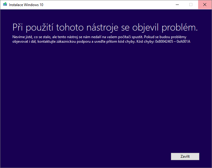 Microsoft Media Creation Tool: „P?i použití tohoto nástroje se objevil problém, kód chyby: 0x80042405 – 0xA001A“