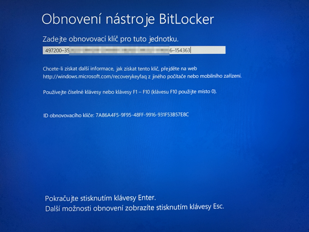 BitLocker: Zadání obnovovacího klí?e po smazání TPM ?ipu