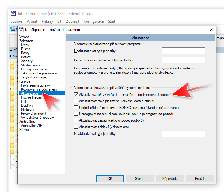 Total Commander: Jak nastavit, aby se nové, p?ejmenované a smazané soubory a adresá?e zobrazily ihned?